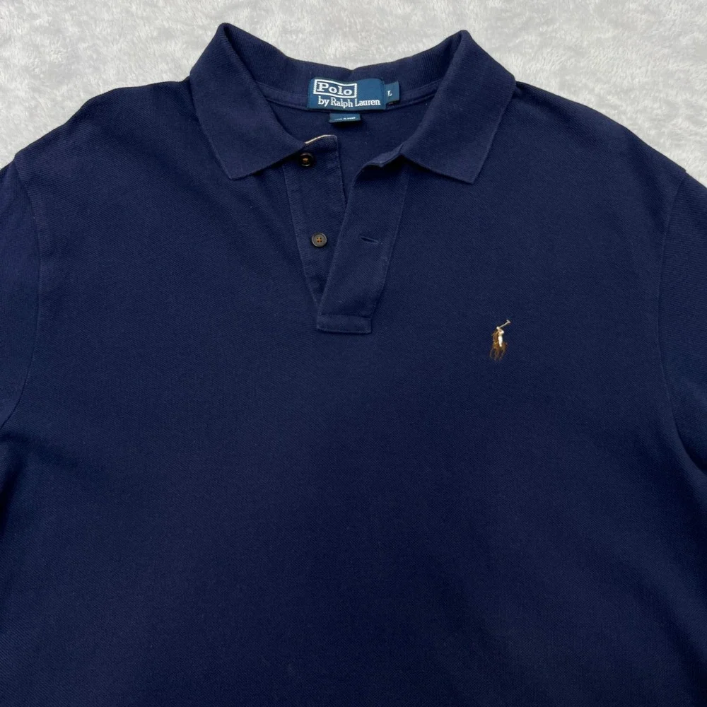 Polo Ralph Lauren‎ Classic Pique Polo Shirt Size L Navy Blue Preppy Suede Trim